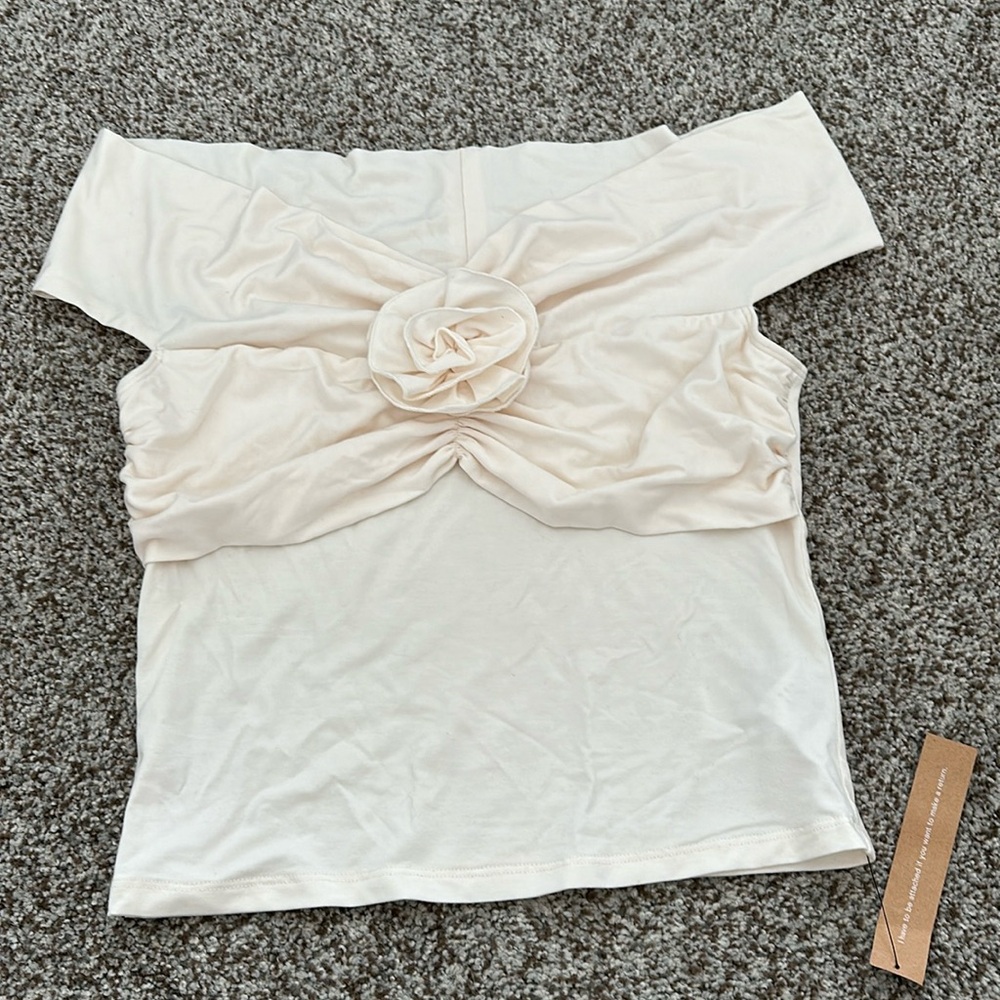 Reformation Cream Off-Shoulder Blouse with Floral Accent